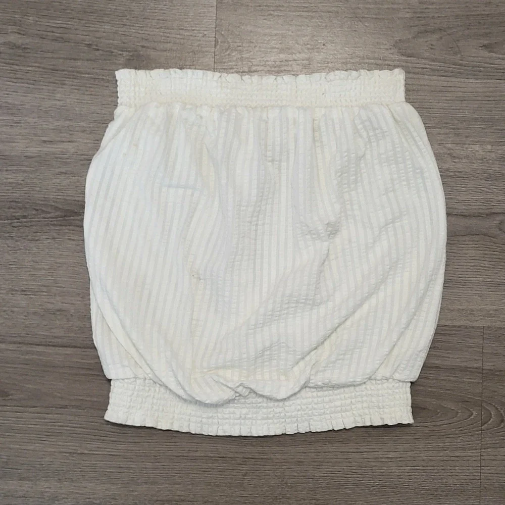 Anthropologie‎ White Seersucker Smocked Tube Top Strapless XS Cotton Summer Boho